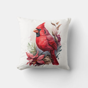 Red Watercolor Winter Cardinal Bird Cushion
