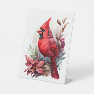Red Watercolor Winter Cardinal Bird Pedestal Sign