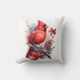 Red Watercolor Winter Cardinal Cushion