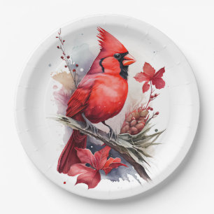 Red Watercolor Winter Cardinal Paper Plate