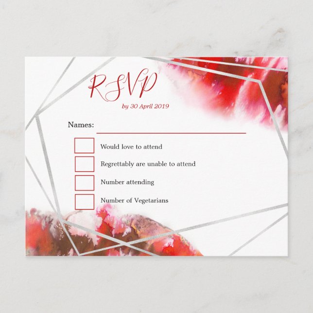 Red Watercolors/Silver geometric line RSVP Postcard (Front)