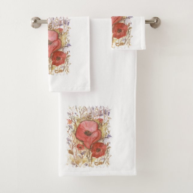 Red watercolour poppy  bath towel set (Insitu)