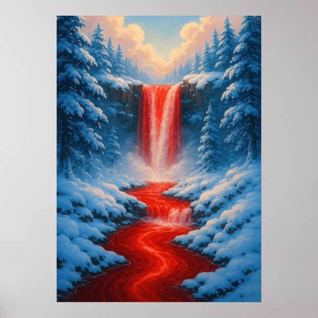 Red Waterfall in Winter Snow Fantasy Landscape Poster (Front)