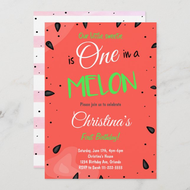 Red Watermelon 1st Birthday Invitation (Front/Back)