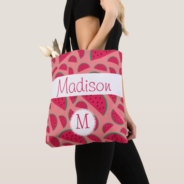Red Watermelon Summer Fun Initial Monogram Tote Bag (Close Up)