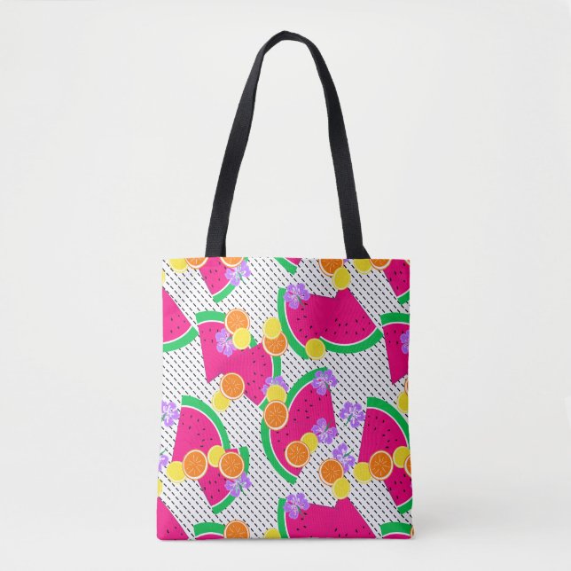 Red Watermelon Yellow Lemons Tropical on White Tote Bag (Front)