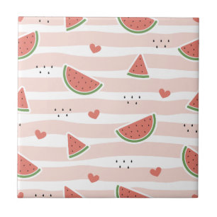 Red Watermelons, Hearts, Stripes, Summer Pattern Ceramic Tile