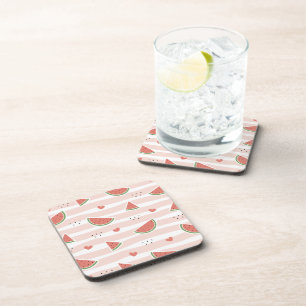 Red Watermelons, Hearts, Stripes, Summer Pattern Coaster