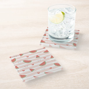Red Watermelons, Hearts, Stripes, Summer Pattern Glass Coaster