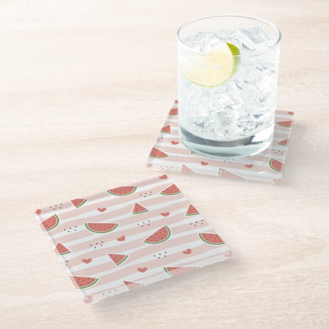 Red Watermelons, Hearts, Stripes, Summer Pattern Glass Coaster (Angled)