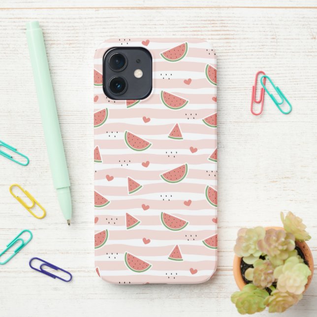 Red Watermelons, Hearts, Stripes, Summer Pattern iPhone Case (On Desk)