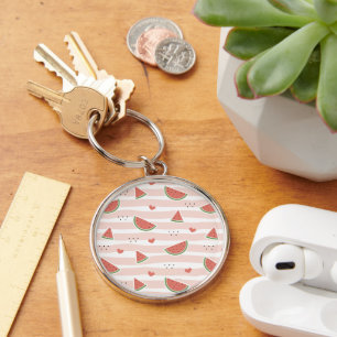 Red Watermelons, Hearts, Stripes, Summer Pattern Key Ring
