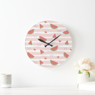 Red Watermelons, Hearts, Stripes, Summer Pattern Large Clock