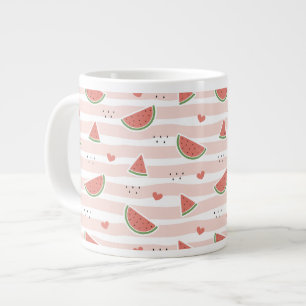 Red Watermelons, Hearts, Stripes, Summer Pattern Large Coffee Mug