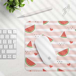Red Watermelons, Hearts, Stripes, Summer Pattern Mouse Pad