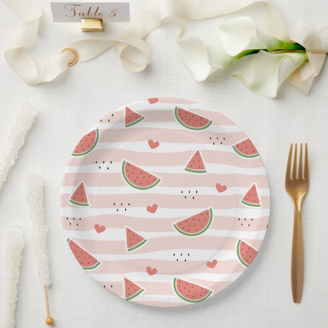 Red Watermelons, Hearts, Stripes, Summer Pattern Paper Plate (Wedding)