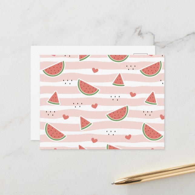 Red Watermelons, Hearts, Stripes, Summer Pattern Postcard (Front/Back In Situ)