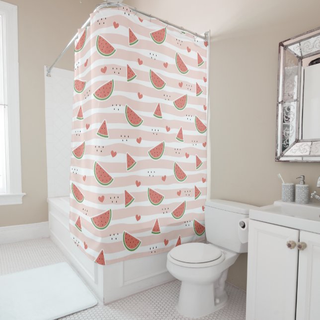 Red Watermelons, Hearts, Stripes, Summer Pattern Shower Curtain (In Situ)