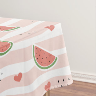 Red Watermelons, Hearts, Stripes, Summer Pattern Tablecloth