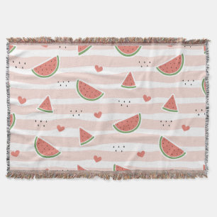Red Watermelons, Hearts, Stripes, Summer Pattern Throw Blanket