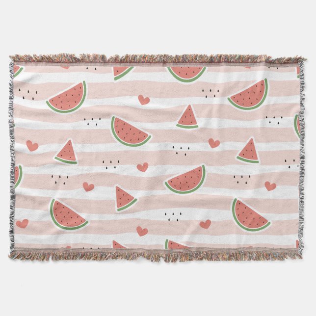 Red Watermelons, Hearts, Stripes, Summer Pattern Throw Blanket (Front)