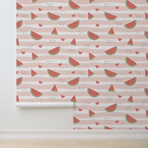 Red Watermelons, Hearts, Stripes, Summer Pattern Wallpaper