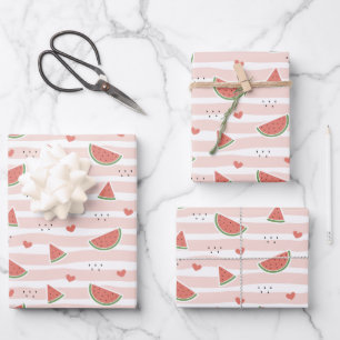 Red Watermelons, Hearts, Stripes, Summer Pattern Wrapping Paper Sheet