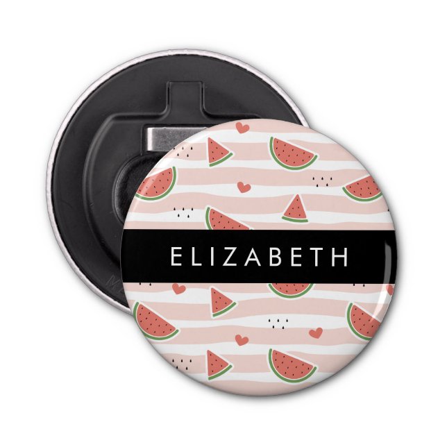 Red Watermelons, Hearts, Stripes, Your Name Bottle Opener (Front)