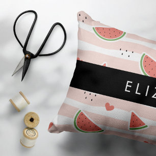 Red Watermelons, Hearts, Stripes, Your Name Decorative Cushion