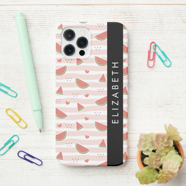 Red Watermelons, Hearts, Stripes, Your Name iPhone Case (On Desk)