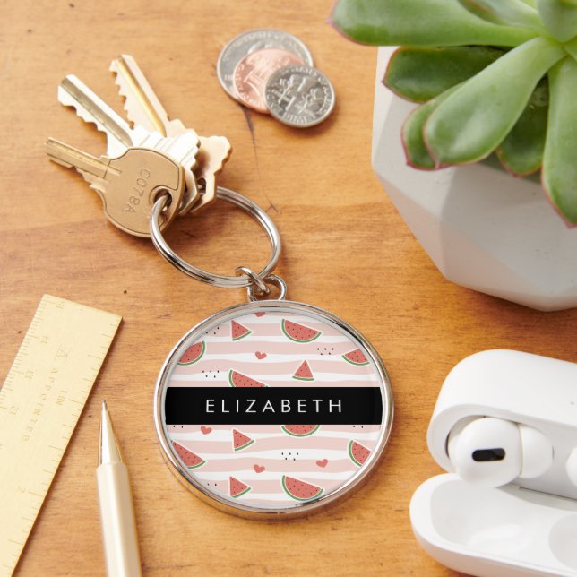 Red Watermelons, Hearts, Stripes, Your Name Key Ring (Desk)