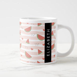 Red Watermelons, Hearts, Stripes, Your Name Large Coffee Mug