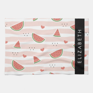 Red Watermelons, Hearts, Stripes, Your Name Tea Towel