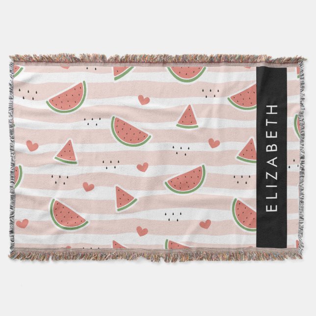 Red Watermelons, Hearts, Stripes, Your Name Throw Blanket (Front)