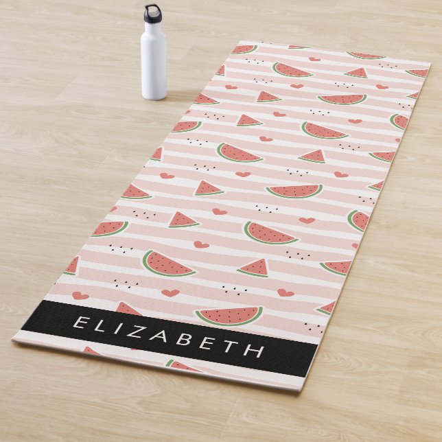 Red Watermelons, Hearts, Stripes, Your Name Yoga Mat (In Situ)