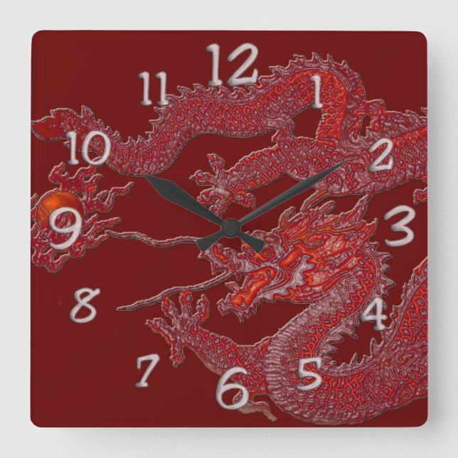 Red Wax Dragon Square Wall Clock (Front)
