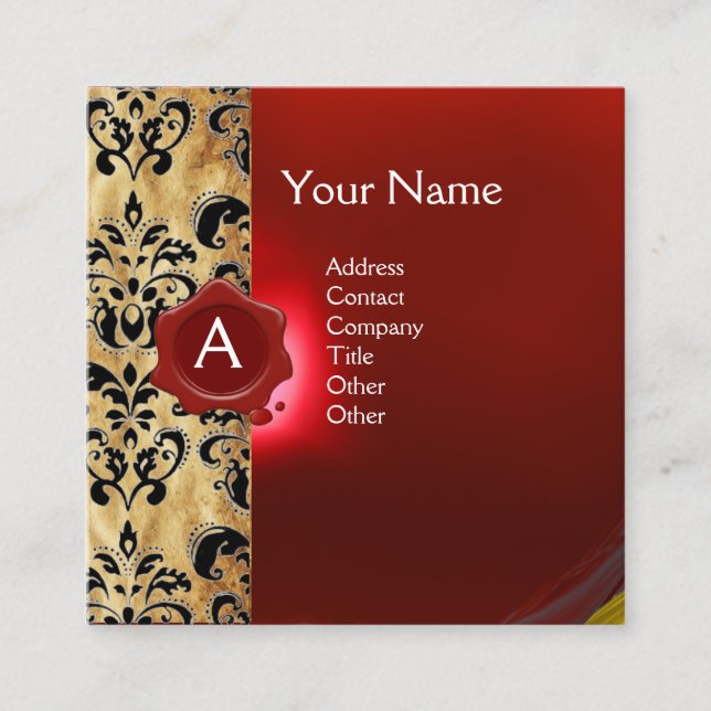 RED WAX SEAL DAMASK PARCHMENT MONOGRAM SQUARE BUSINESS CARD (Front)