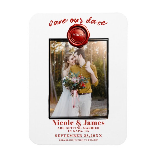 Red Wax Seal Photo Wedding Save the Date Magnet (Vertical)