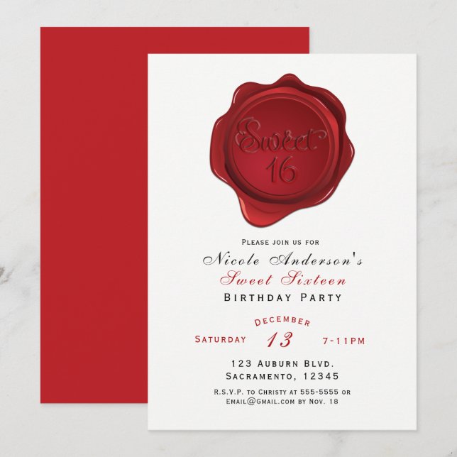 Red Wax Seal Sweet 16 Elegant Birthday Party Invitation (Front/Back)