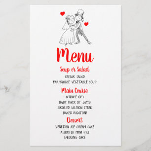 Red Wedding Menu Cute Cartoon Bride Groom