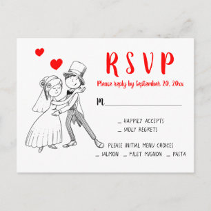 Red Wedding RSVP Cartoon Bride Groom Vintage Cute Invitation Postcard