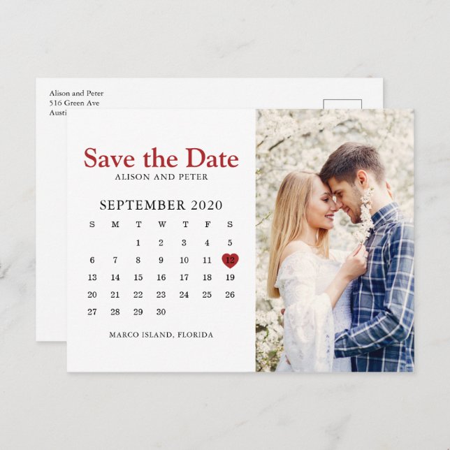 Red Wedding Save the Date Calendar Photo Announcement Postcard (Front/Back)