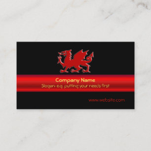 Red Welsh Dragon on black, red metallic-look strip Business Card