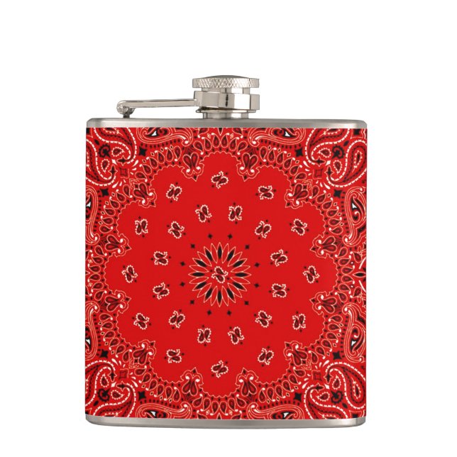 Red Western Bandanna Scarf Fabric Wrap Hip Hip Flask (Front)