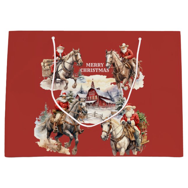 Red Western Christmas Santa On Horseback Gift Bag (Front)