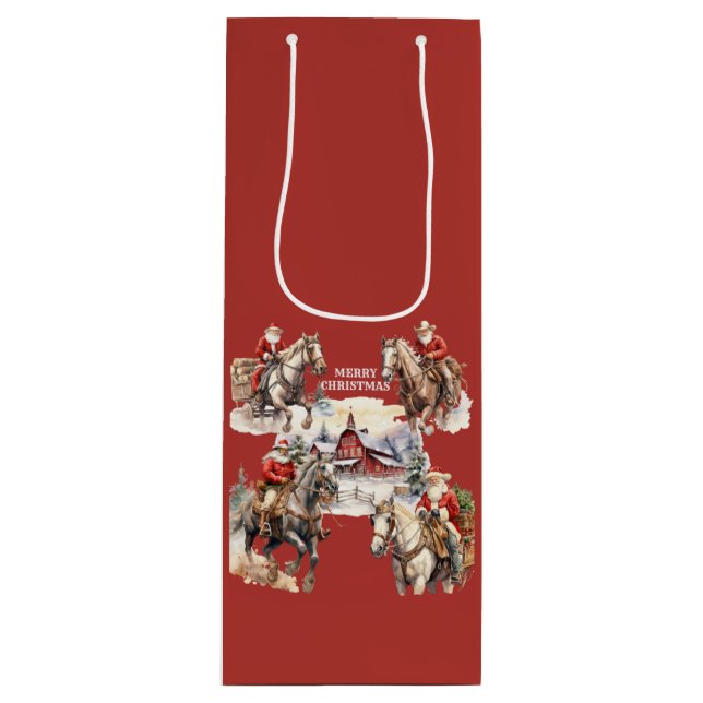 Red Western Christmas Santa On Horseback Gift Bag (Front)