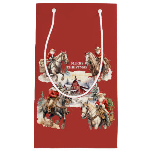 Red Western Christmas Santa On Horseback Gift Bag