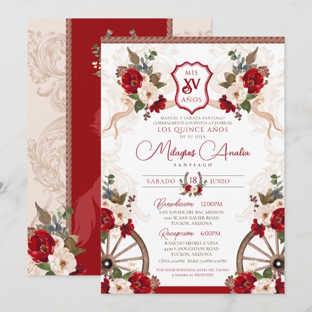 Red Western Elegant Baroque Charro Quinceañera Invitation (Front/Back)