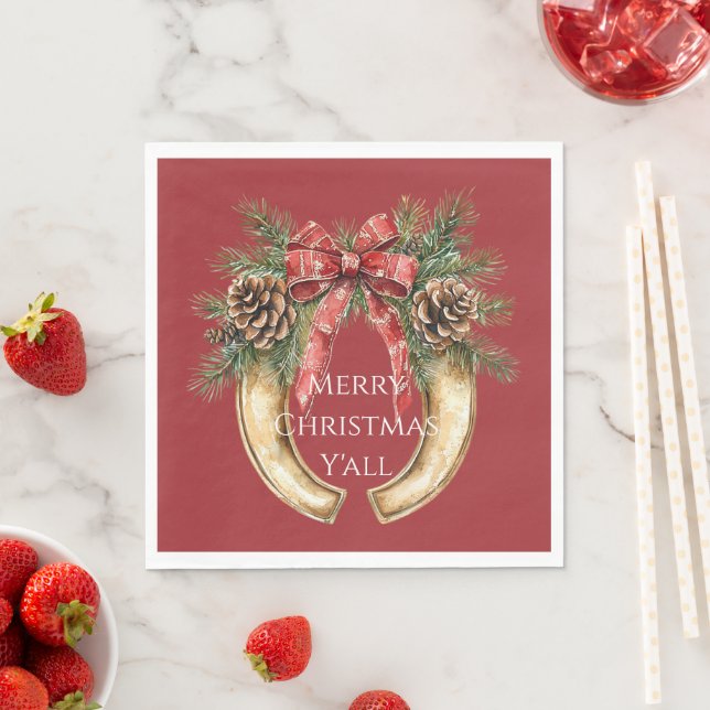 Red Western Gold Horse Shoe Christmas Pine Cones Napkin (Insitu)