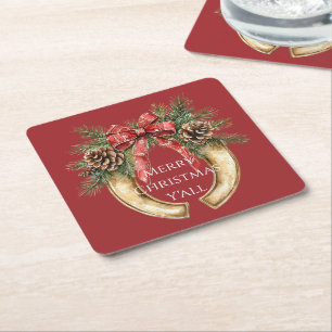 Red Western Gold Horse Shoe Christmas Pine Cones Square Paper Coaster